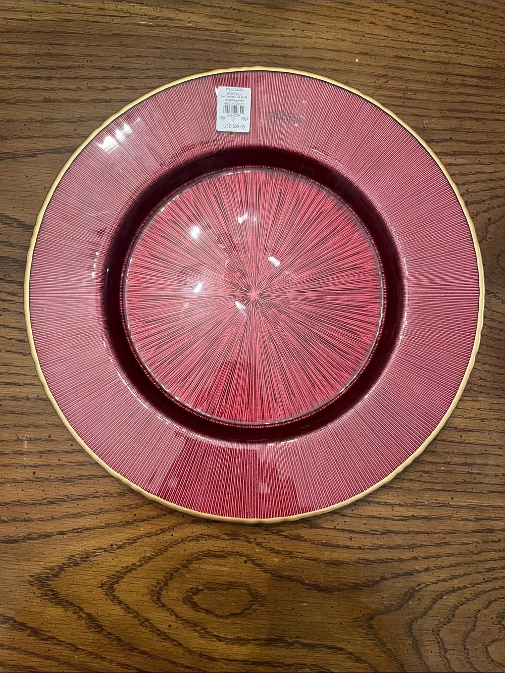 Williams Sonoma Red Charger Glass Plates with Gold Trim, new with tags